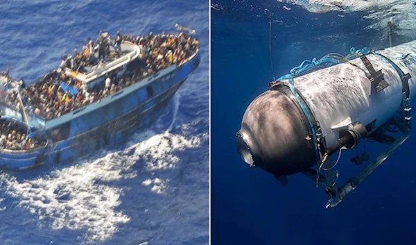 Left: Migrants crowd a vessel crossing the Mediterranean Sea. Right: The OceanGate Expeditions Titan submersible.Hellenic Coast Guard via AP; OceanGate