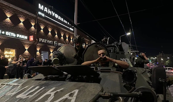 Wagner PMC members driving a BTR-82A photographed while leaving the Russian city of Rostov-On-Don, Russia, June 25, 2023 (Social Media)