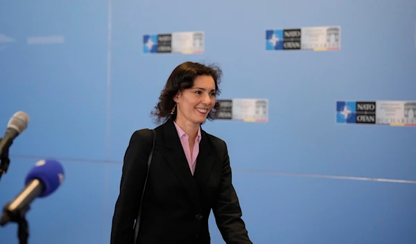 Belgium's Foreign Minister Hadja Lahbib arrives for the first day of the meeting of NATO Ministers of Foreign Affairs in Bucharest, Romania, Tuesday, Nov. 29, 2022. (AP)