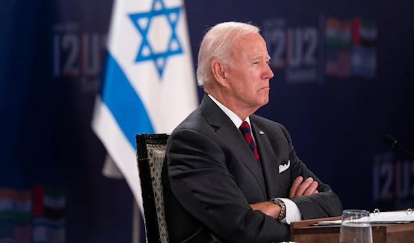 President Joe Biden participates a virtual summit with then-Israeli Prime Minister Yair Lapid and the leaders of India and the United Arab Emirates, in occupied Al-Quds, July 14, 2022 (AP)