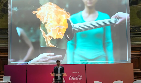 President of the Paris Organising Committee of the 2024 Olympic and Paralympic Games President Tony Estanguet speaks during the unveiling of the route for the Paris 2024 Olympic Torch relay at the Sorbonne in Paris, Friday, June 23, 2023. (AP)