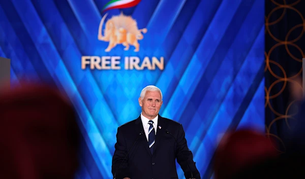 Former US Vice President Mike Pence during a speech at Iranian terror group MKO's headquarters in Albania at Ashraf-3 camp in Manza town, about 30 kilometers west of Tirana, Albania, June 23, 2022 (AP)