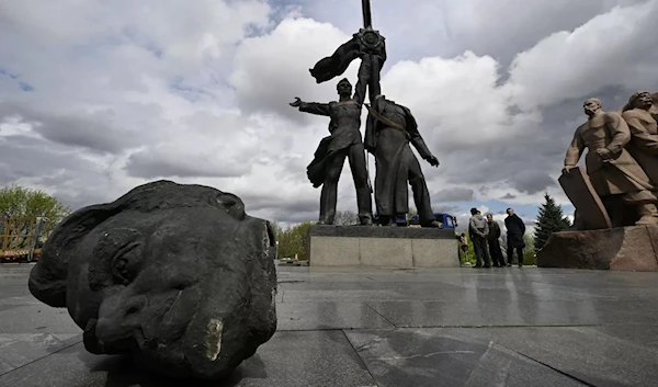 A destroyed Soviet monument, April 27 2022 (AFP)