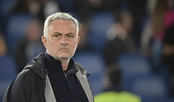 Roma Jose Mourinho watches the Serie A soccer match between Roma and Bologna, Sunday May 1 2022 (AFP)