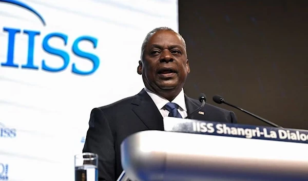 US Secretary of Defense Lloyd Austin talks at the 20th IISS Shangri-La Dialogue in Singapore, June 3 2023. (Reuters)