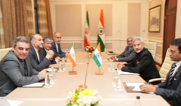 Iranian Foreign Minister Hossein Amirabdollahian at a meeting with  Indian counterpart Subrahmanyam Jaishankar on the sidelines of the BRICS+ meeting in the South African capital Cape Town on Friday. (IRNA)