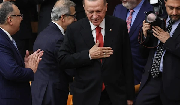 Turkish President Recep Tayyip Erdogan gestures while he attends the 28th term deputies' oath-taking ceremony at the Turkish Grand National Assembly in Ankara, Turkey on June 02, 2023. (AFP)