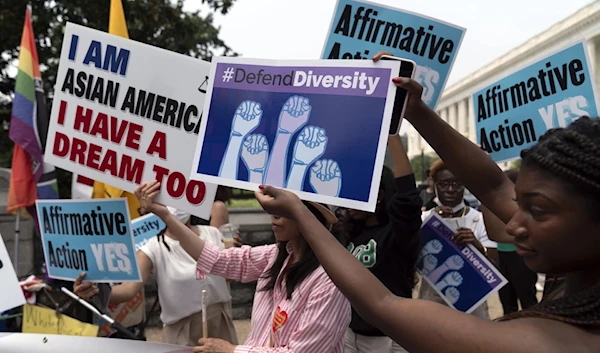 Protesters outside the Supreme Court in Washington DC, after the affirmative action decision on June 29, 2023 (AP)