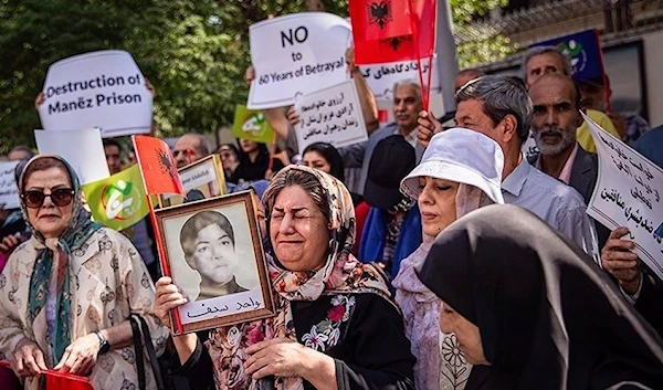 Iranian protesters and relatives of members of the terrorist Mujahedin Khalq Organization (MKO) take part in a protest outside the Turkish embassy in Tehran, which represents Albania’s interests in the Islamic Republic, on June 30, 2023