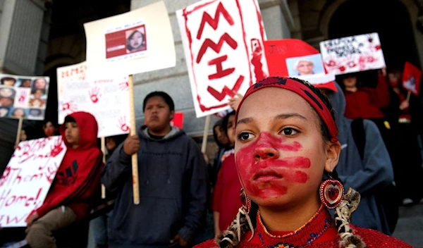 Students at the American Indian Academy of Denver participate in a student-led rally in support of Missing or Murdered Indigenous Persons Awareness Day in Denver, Colorado, on May 5, 2023 (AFP)