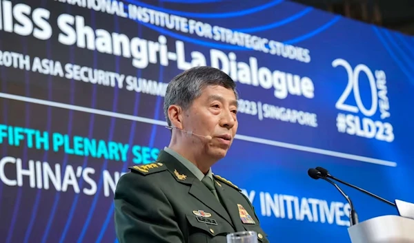 Chinese Defense Minister Gen. Li Shangfu delivers his speech on the last day of the 20th International Institute for Strategic Studies (IISS) Shangri-La Dialogue, Asia's annual defense and security forum, in Singapore on June 4., 2023 (AP)