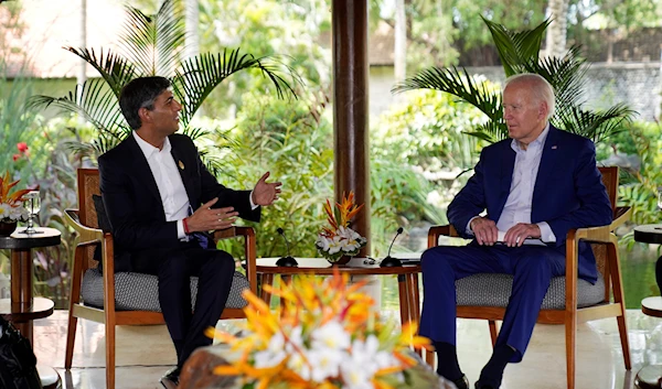 U.S. President Joe Biden, right, listens to British Prime Minister Rishi Sunak during a meeting on the sidelines of the G20 summit meeting, Nov. 16, 2022, in Nusa Dua, Bali, Indonesia. (AP)