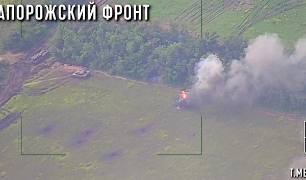 Screengrab from drone video footage showing Ukrainian Leopard tanks getting hit by Russian artillery in the Zaparozhye direction (Social media / Telegram: ZA_FROHT)