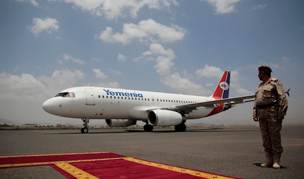 Yemenia Airplane carrying war prisoners arrives at Sanaa International Airport, Friday, April 14, 2023. (AP)