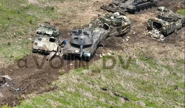 Screen grab from a Russian forces drone footage featuring destroying NATO-supplied German madeLeopard 2A6 and US made 4 M2A2 Bradley IFV (Telegram: VOIN_DV)