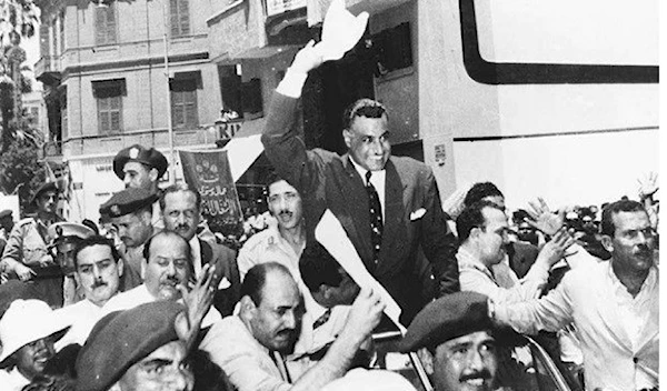 Late Egyptian President greeted by cheering crowds after announcing his nationalization of the Suez Canal Company, Cairo, July 26, 1956 (Wikimedia)