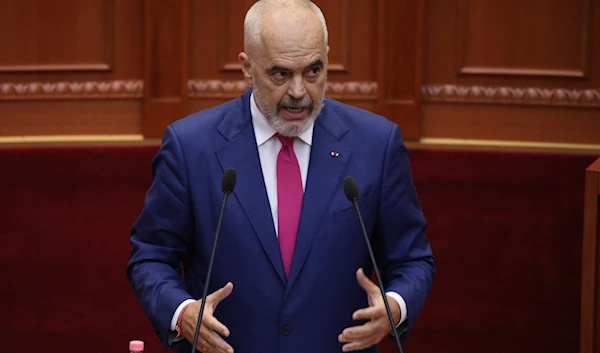 Albanian Prime Minister Edi Rama speaks during a debate at the parliament in Tirana, Albania, Thursday, Sept. 16, 2021. (AP)