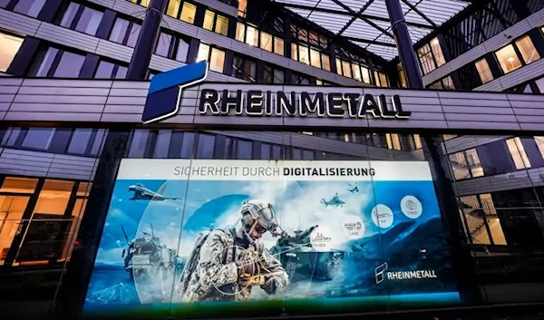 Frontal entrance of Rheinmetall company in Dusseldorf, Germany. (AP)