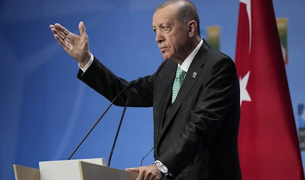 Turkish President Recep Tayyip Erdogan talks at a NATO summit in Vilnius, Lithuania, on July 12, 2023. (AP)