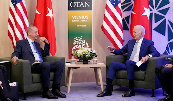 President Joe Biden and Turkeys President Recep Tayyip Erdogan meet on the sidelines of the NATO summit in Vilnius, Lithuania, Tuesday, July 11, 2023. (AP)