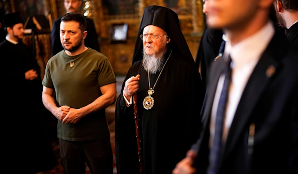 Ukrainian President Volodymyr Zelensky, left, stands next to Ecumenical Patriarch Bartholomew I, the spiritual leader of the world's Orthodox Christians, at the Patriarchal Church of St. George in Istanbul, Turkey, Saturday, July 8, 2023. (AP)