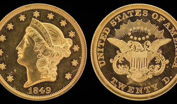 The 1849 G$20 Liberty Head (Twenty D.) Gold (fineness 0.9000), 34mm, 33.436g, designed by James B. Longacre. (Wikimedia Commons)