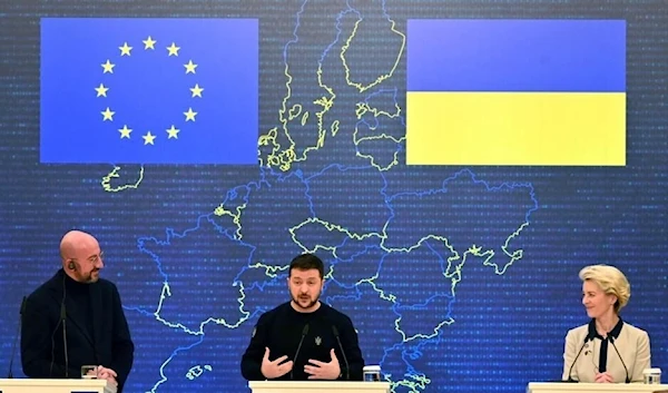 Ukraine's President Volodymyr Zelensky hosted EU leaders Charles Michel and Ursula von der Leyen for a summit in Kyiv on February 3, 2023 (AP)