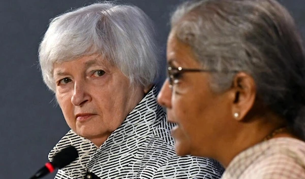 US Treasury Secretary Janet Yellen (L) listens to India's Finance Minister Nirmala Sitharaman during a press conference at a G20 meeting of finance and central bank chiefs (AFP)