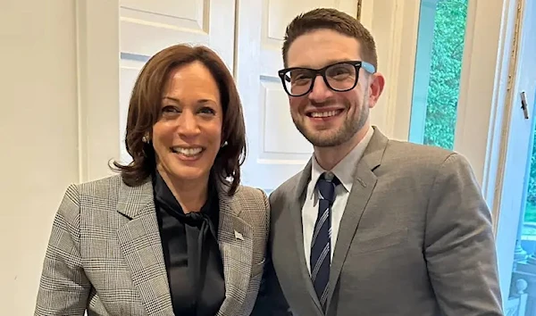 Vice President Kamala Harris grinned and posed for a photo with the son of George Soros on Tuesday, as speculation swirls about her 2024 presidential ambitions (Alex Soros/Twitter)