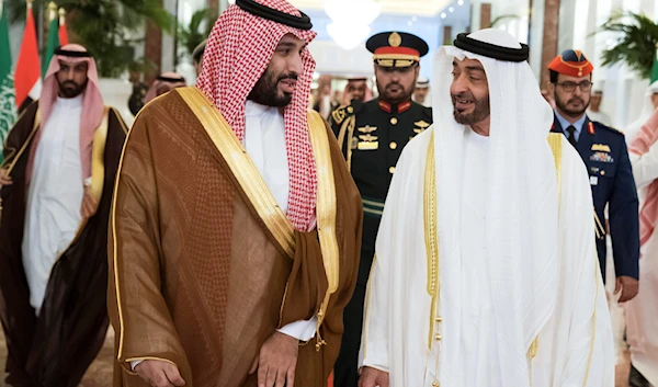 In this Wednesday, Nov. 27, 2019, photo released by Ministry of Presidential Affairs, Abu Dhabi Crown Prince Mohammed bin Zayed Al Nahyan, right, meets Saudi Crown Prince Mohammed bin Salman in Abu Dhabi, United Arab Emirates. (AP)