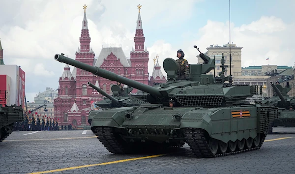 Russian T-90M Proryv tanks roll during the Victory Day military parade in Moscow, Russia, Monday, May 9, 2022, marking the 77th anniversary of the end of World War II (AP Photo/Alexander Zemlianichenko)