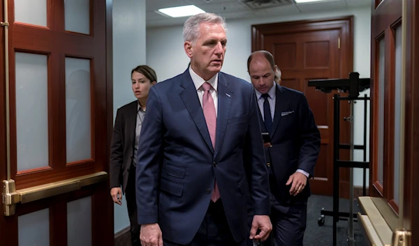 Speaker of the House Kevin McCarthy, R-Calif., leaves a closed-door meeting of the House Republican Conference, at the Capitol in Washington, Tuesday, July 18, 2023. (AP/J. Scott Applewhite)