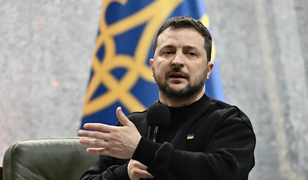 Ukrainian President Volodymyr Zelensky gestures as he gives a press conference in Kiev on February 24, 2023 on the first anniversary of the Russian invasion of Ukraine ( AFP)