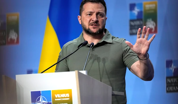 Ukraine's President Volodymyr Zelensky addresses a media conference at a NATO summit in Vilnius, Lithuania, July 12, 2023 (AP)