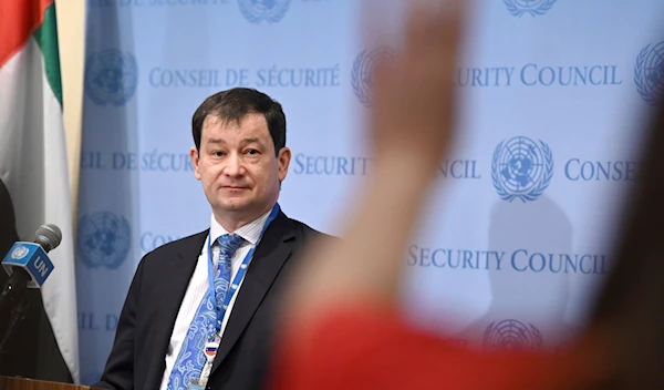 Dmitry Polyanskiy, First Deputy Permanent Representative of Russia's mission to the United Nations, during a news conference at the United Nations Headquarters in New York on April 25, 2022. (AP)