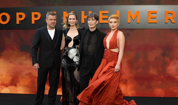 (L-R) US actor Matt Damon, British Actor Emily Blunt, Irish actor Cillian Murphy and British Actor Florence Pugh pose on the red carpet upon arrival for the U.K. premiere of "Oppenheimer" in central London, U.K., July 13, 2023. (AFP)