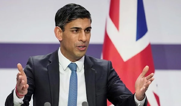 Prime Minister Rishi Sunak speaks during a joint press conference with France's President at the end of the French-British summit, at the Elysee Palace, in Paris, on March 10, 2023. (AFP)