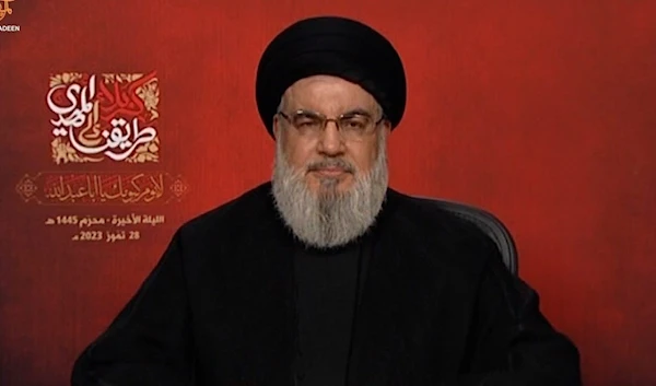 Hezbollah Secretary-General Sayyed Hassan Nasrallah during a speech commemorating Ashura on July 28, 2023