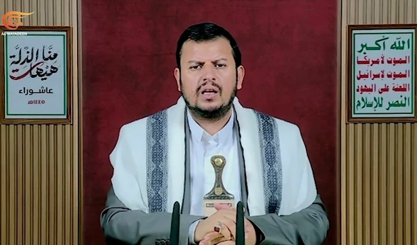 Ansar Allah leader Abdul-Malik Al-Houthi during a speech marking the holy day of Ashura in Sanaa, Yemen, July 28, 2023