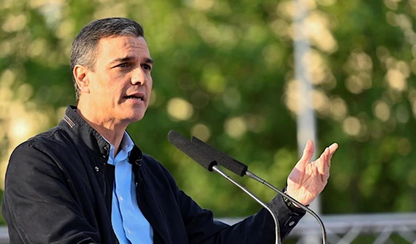 Spain's Prime Minister Pedro Sanchez speaks during an electoral meeting of Spain's Socialist Party (PSOE) in Madrid on May 25, 2023 ahead of the May 28 regional and municipal elections (AFP)