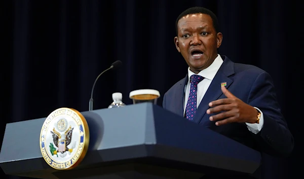 Kenyan Cabinet Secretary for Foreign and Diaspora Affairs Alfred Mutua speaks during a news conference with Secretary of State Antony Blinken, Monday, April 24, 2023, at the State Department in Washington. (AP)