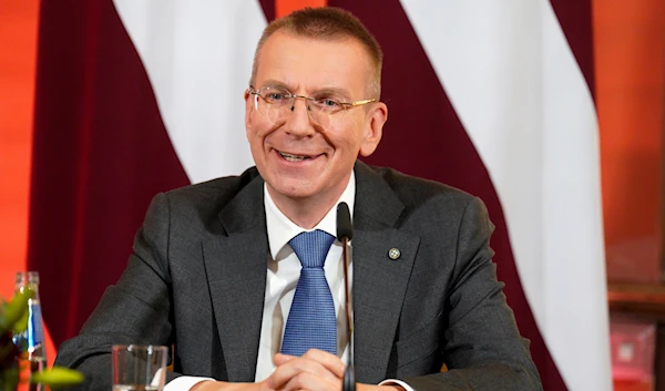 Newly elected Latvian President Edgars Rinkevics speaks to the media after lawmakers elected him in the Saeima, the Latvian Parliament in Riga, Latvia, Wednesday, May 31, 2023. (AP)