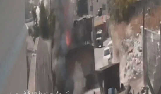 scene from h efootage released by Jenin Brigade on Telegram showing the bombing of an Israeli bulldozer (social media)