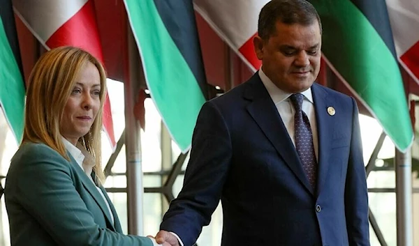 Italian PM Giorgia Meloni and the head of the Libya’s Government of National Unity, Abdel Hamid Dbeibah attend a joint news conference in Tripoli, Libya January 28,2023. (AFP)