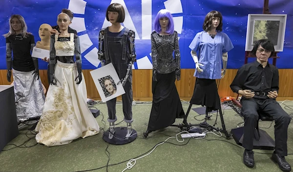 Robots are shown in the press conference with a panel of AI-enabled humanoid social robots as part of International Telecommunication Union (ITU) 'AI for Good' summit in Geneva, Switzerland, on July 7, 2023. (AP)