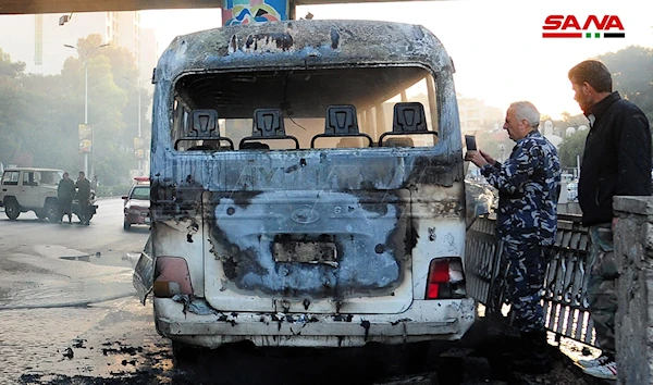 A terrorist bombing targets a bus for the Syrian Arab Army at the Presidents Bridge in Damascus, Syria, on August 20, 2021.(SANA)