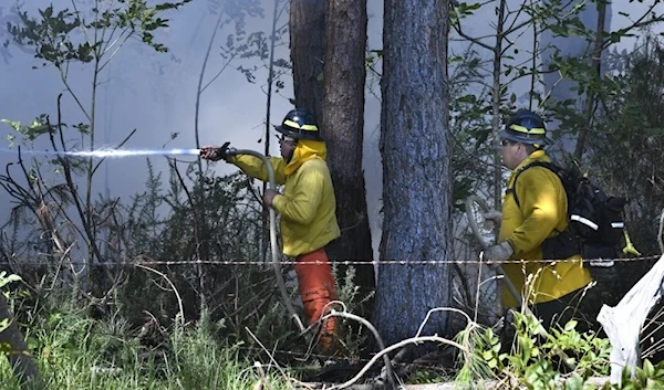 Members of a Hawaii Department of Land and Natural Resources wildland firefighting crew on Maui battle a fire in Kula, Hawaii. (The Maui News via AP)