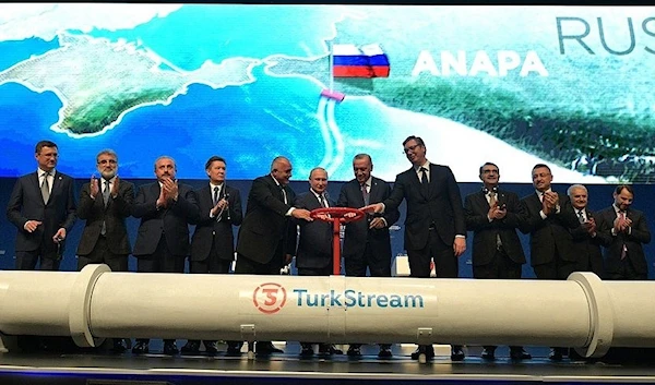 President Recep Tayyip Erdogan, Russian President Vladimir Putin, Bulgarian PM Boyko Borissov, Serbian President Aleksandar Vucic and other officials attend the inauguration ceremony of the TurkStream pipeline, Istanbul, Jan. 8, 2020. (Sputnik))