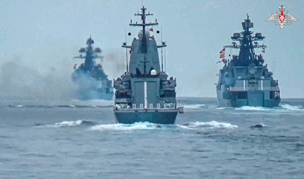 In this photo released by Russian Defense Ministry Press Service on Friday, July 21,2023, warships of the Russian Black Sea Fleet sail while taking part in naval drills in the Black Sea. (AP)