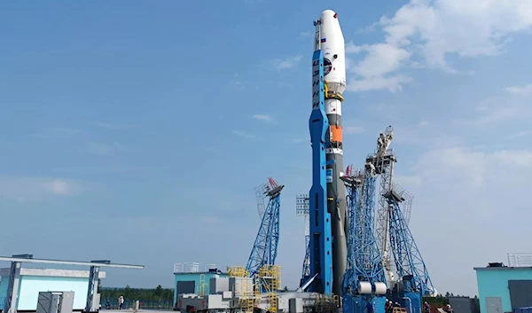 Soyuz rocket carrying Luna-25 lunar research station erected at the Vostonchny Cosmodrome in the Russian Far East. (Sputnik)